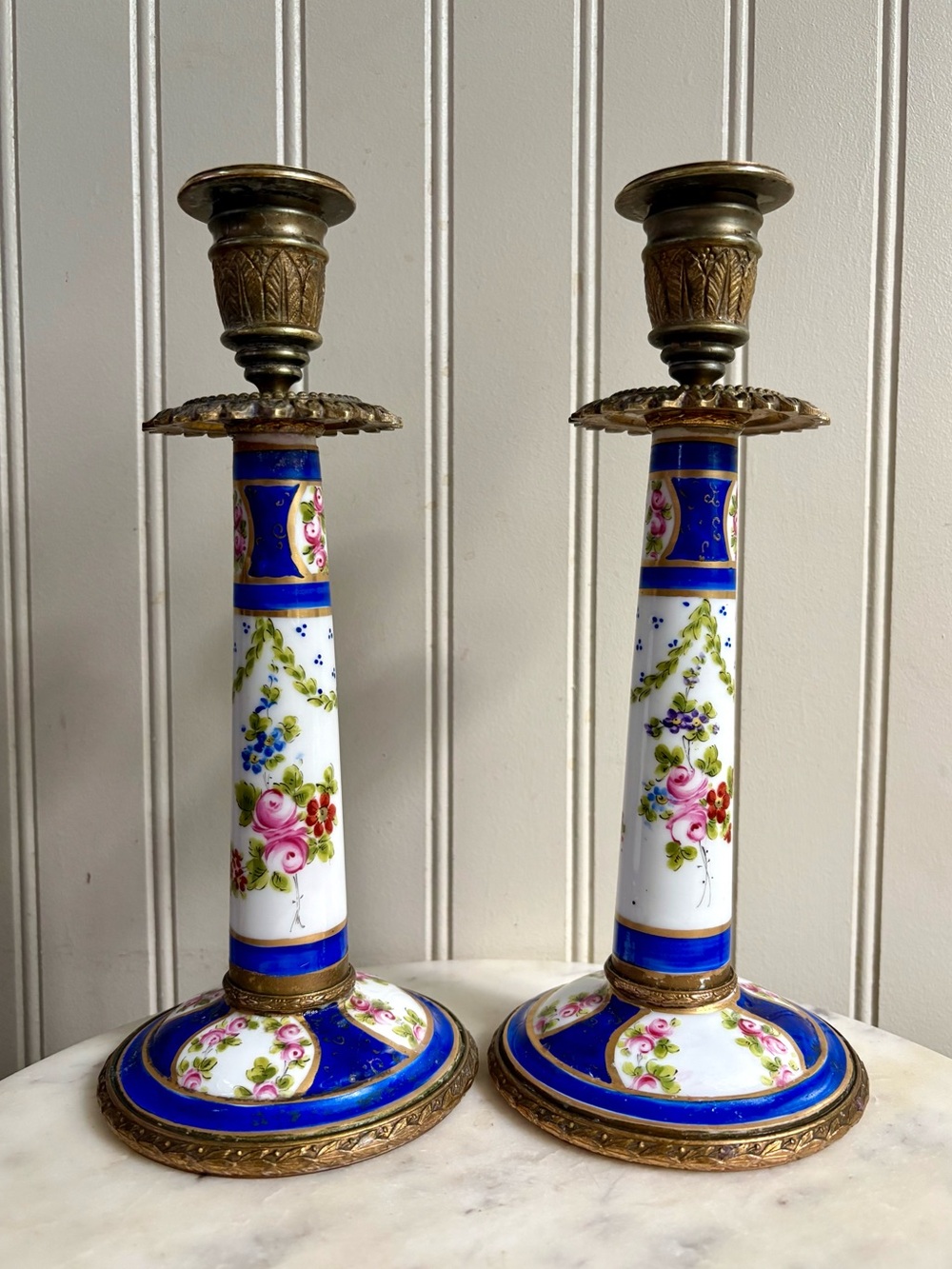 Antique L.P. Paris Sèvres-Style Porcelain & Bronze Hand-Painted Candlesticks VTG